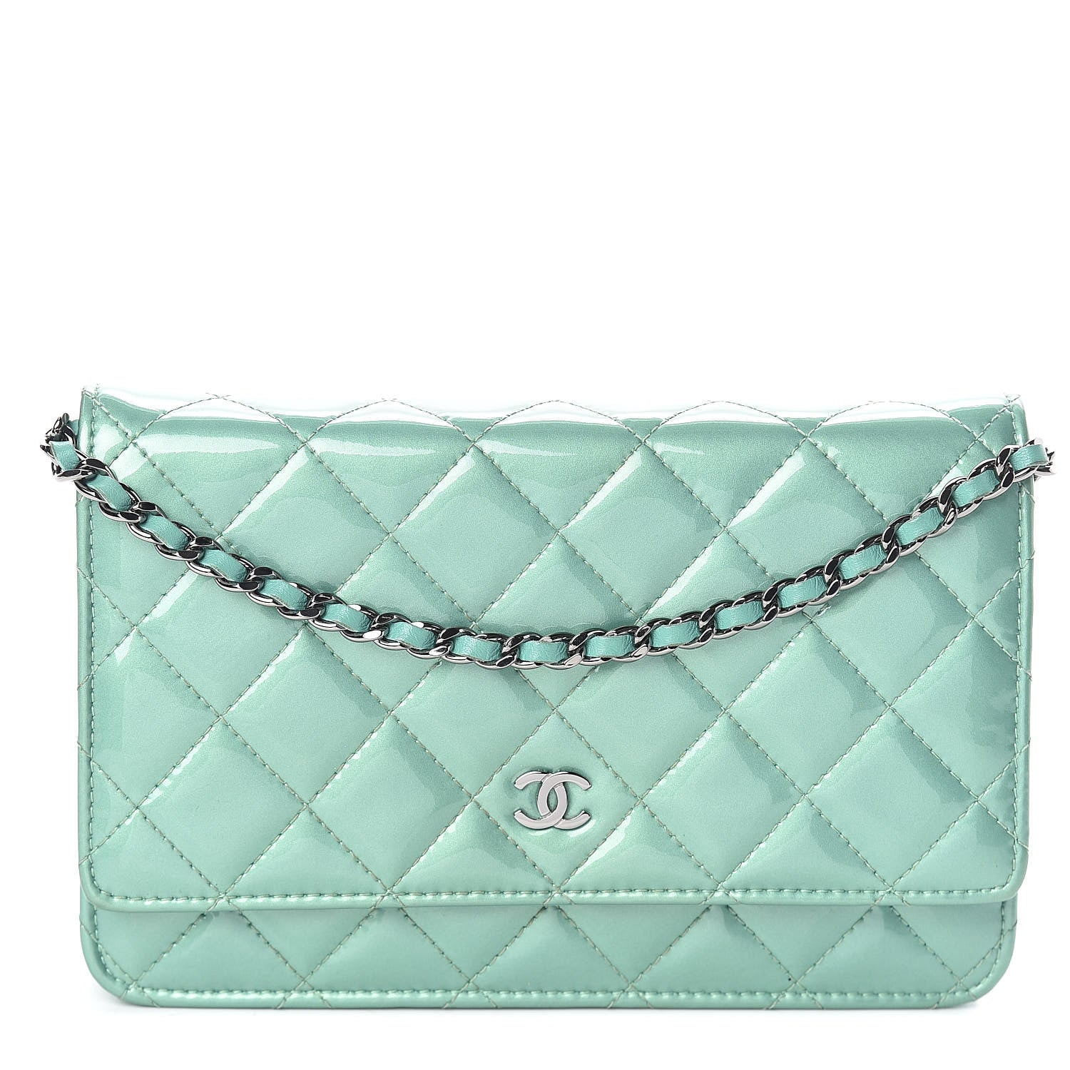 Chanel Patent Quilted Wallet On Chain WOC Green 1 of 10