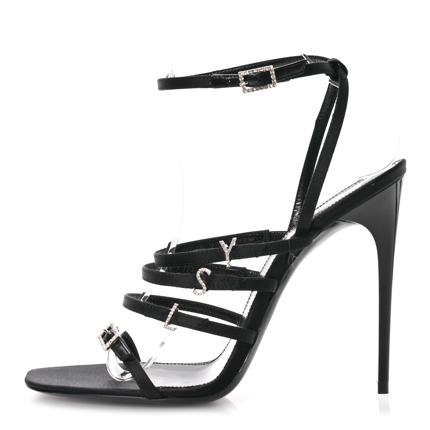 Saint Laurent Crepe Satin Crystal Logo Jerry 110 Ankle Strap Sandals 38.5 Black 1 of 8