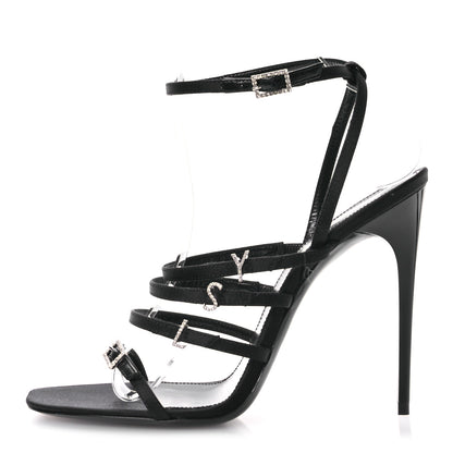 Saint Laurent Crepe Satin Crystal Logo Jerry 110 Ankle Strap Sandals 38.5 Black 1 of 8