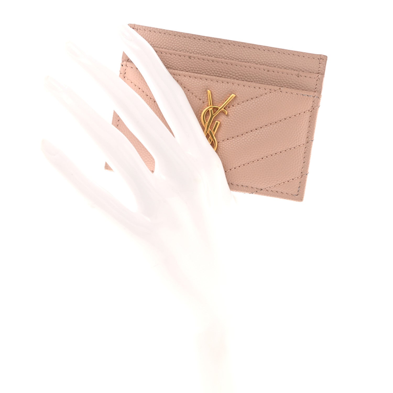 Saint Laurent Grain De Poudre Matelasse Chevron Monogram Credit Card Case Pale Pink 2 of 6