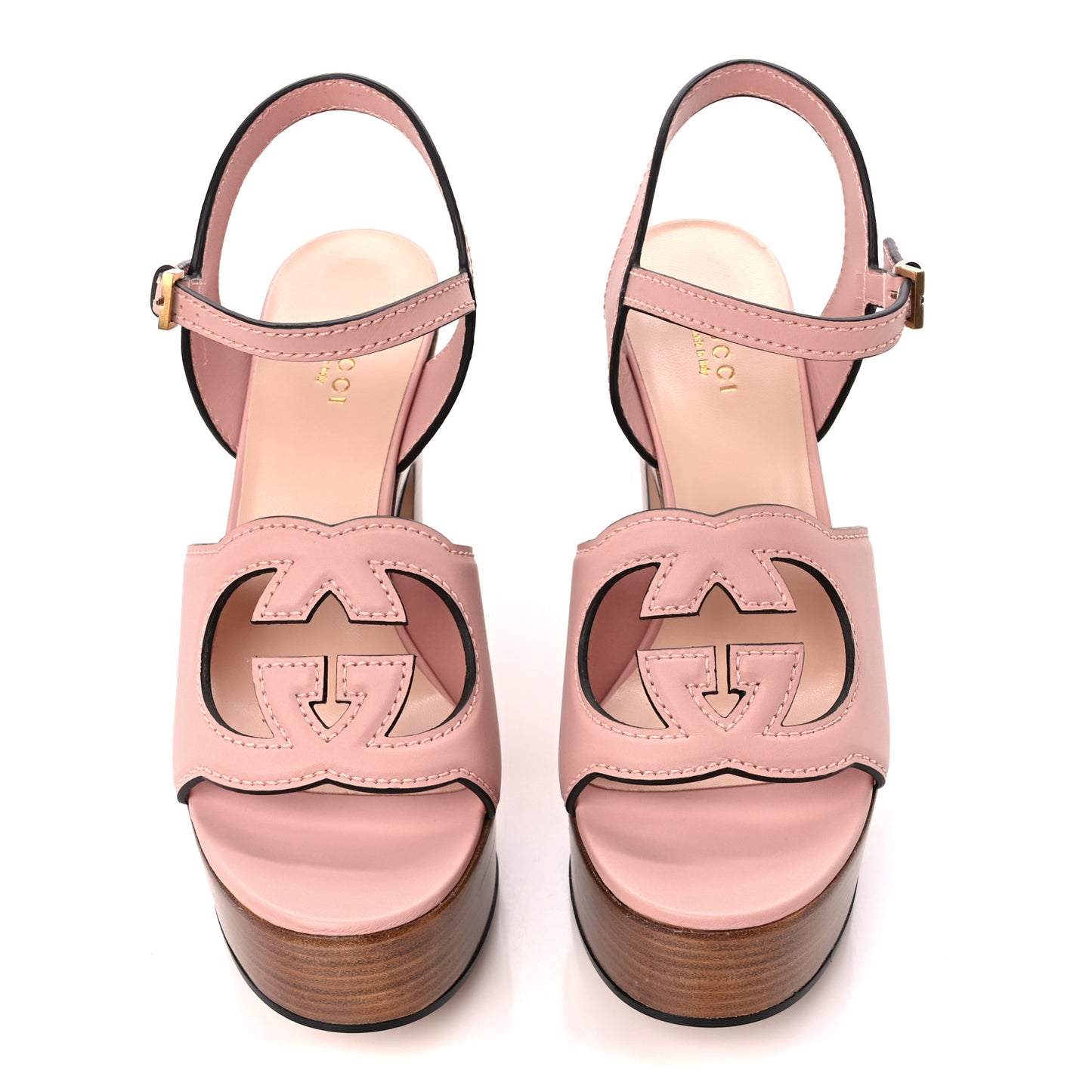 Cosmos Softy Calfskin Wooden Interlocking G Cut-Out 30/120mm Platform Sandals 38 Perfect Pink
