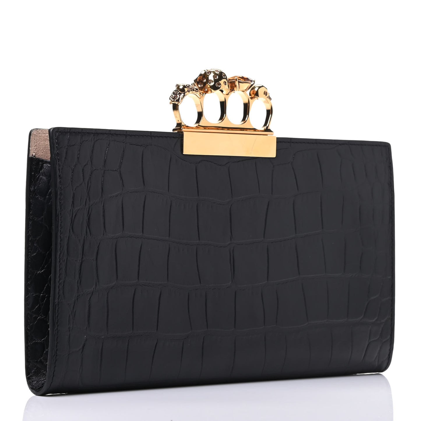 Calfskin Crocodile Embossed Knuckle Flat Clutch Black Gold