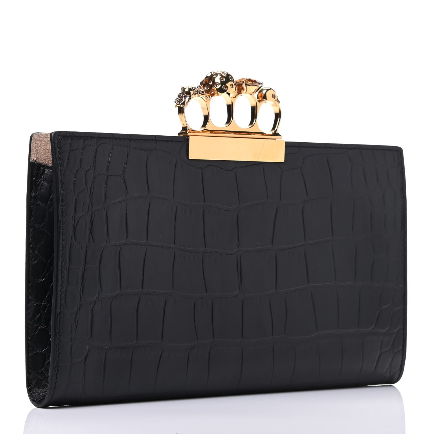 Alexander McQueen Calfskin Crocodile Embossed Knuckle Flat Clutch Black Gold 3 of 9