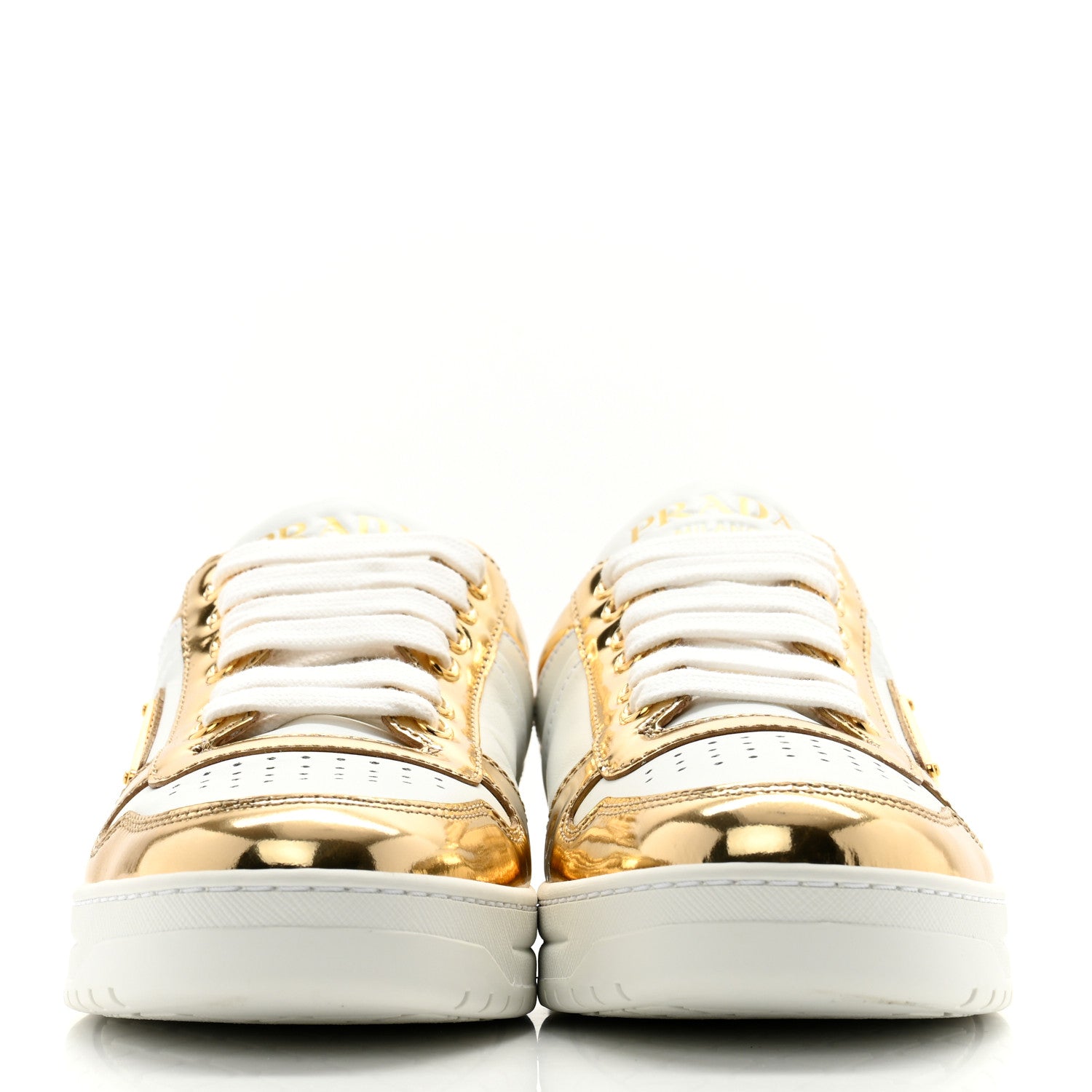 Prada Vitello Metallic Calfskin Metal Triangle Logo Womens Downtown Low Top 30mm Sneakers 35.5 White Platino 2 of 11