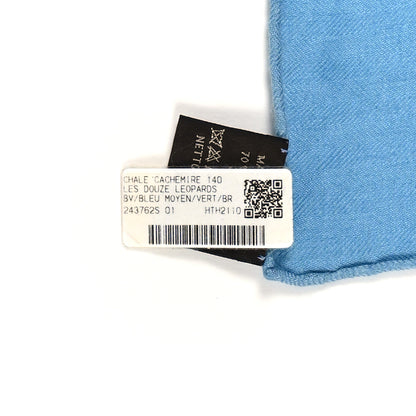 Hermes Cashmere Silk Les Douze Leopards Shawl 140 Bleu Moyen Vert 3 of 3