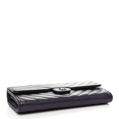 Chanel Iridescent Caviar Chevron Quilted Large Gusset Flap Wallet Black 4 of 8