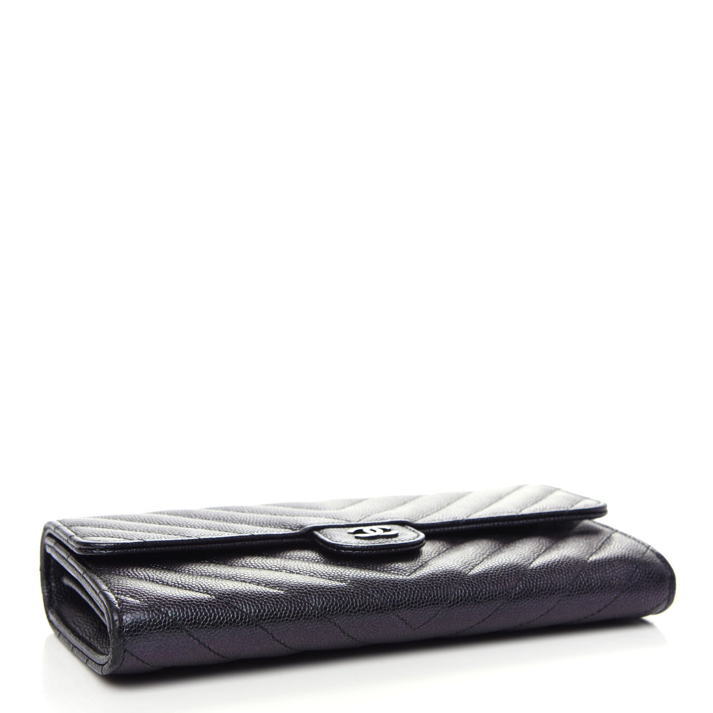 Iridescent Caviar Chevron Quilted Large Gusset Flap Wallet Black