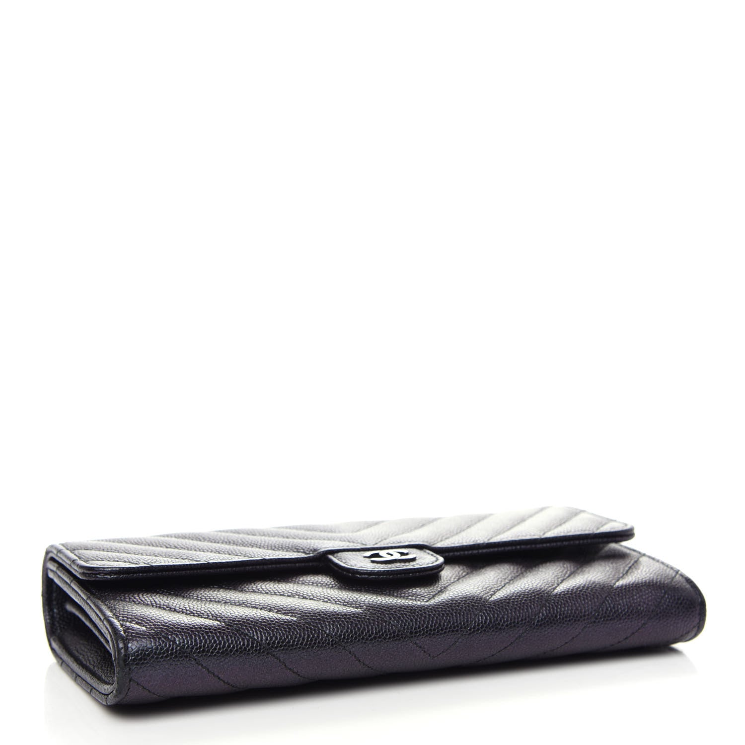 Chanel Iridescent Caviar Chevron Quilted Large Gusset Flap Wallet Black 4 of 8