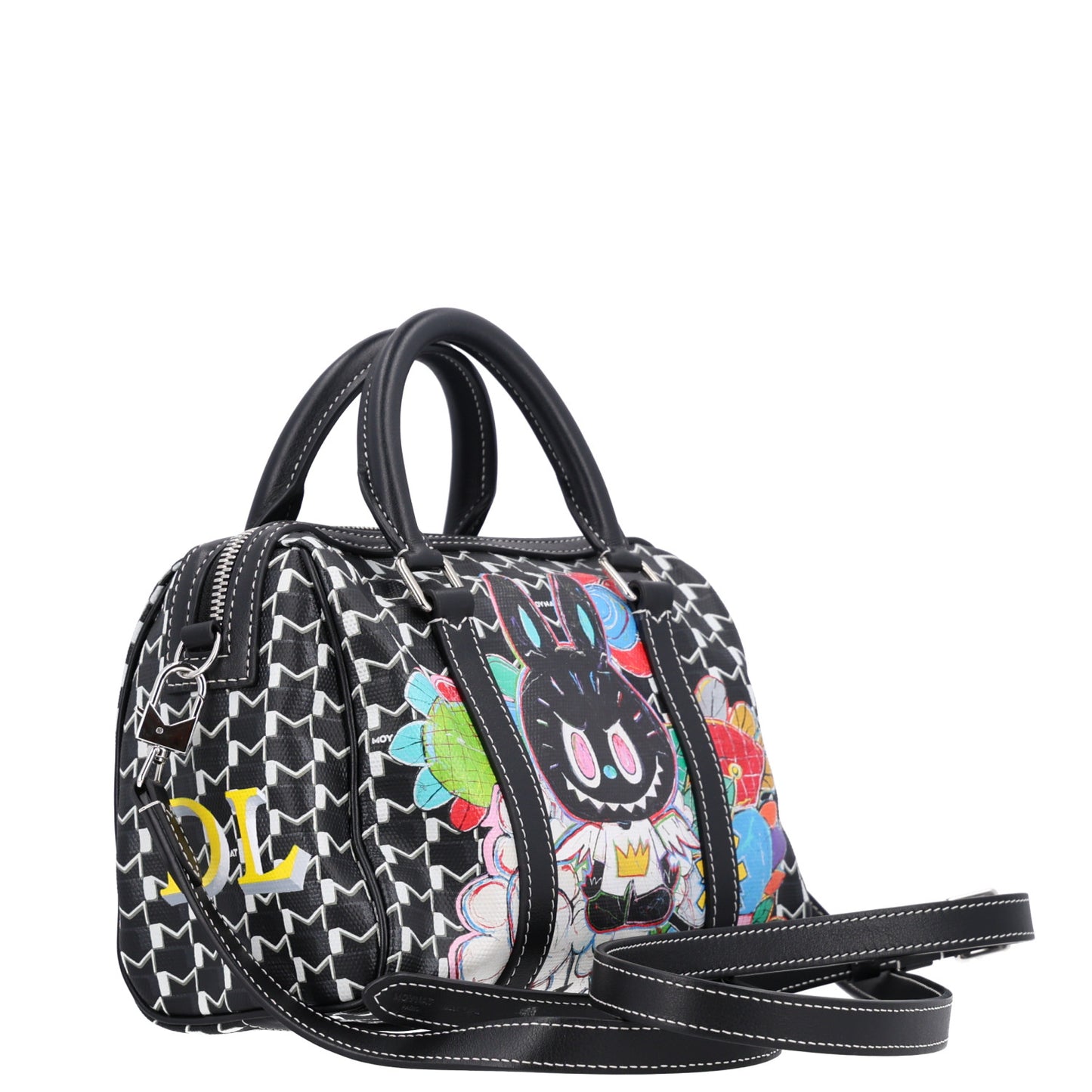 X KASING LUNG Calfskin Canvas M Labubu Boston Bag Black Multicolor