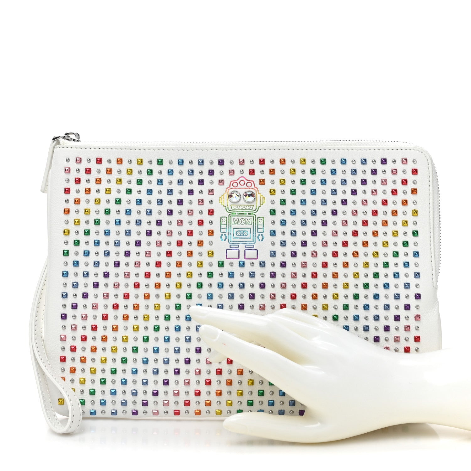 MCM Nappa Studded Medium Skyoptic Roboter Pouch White Multicolor 3 of 9