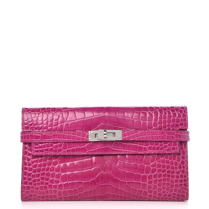Hermes Shiny Alligator Kelly Longue Wallet Rose Scheherazade 1 of 15
