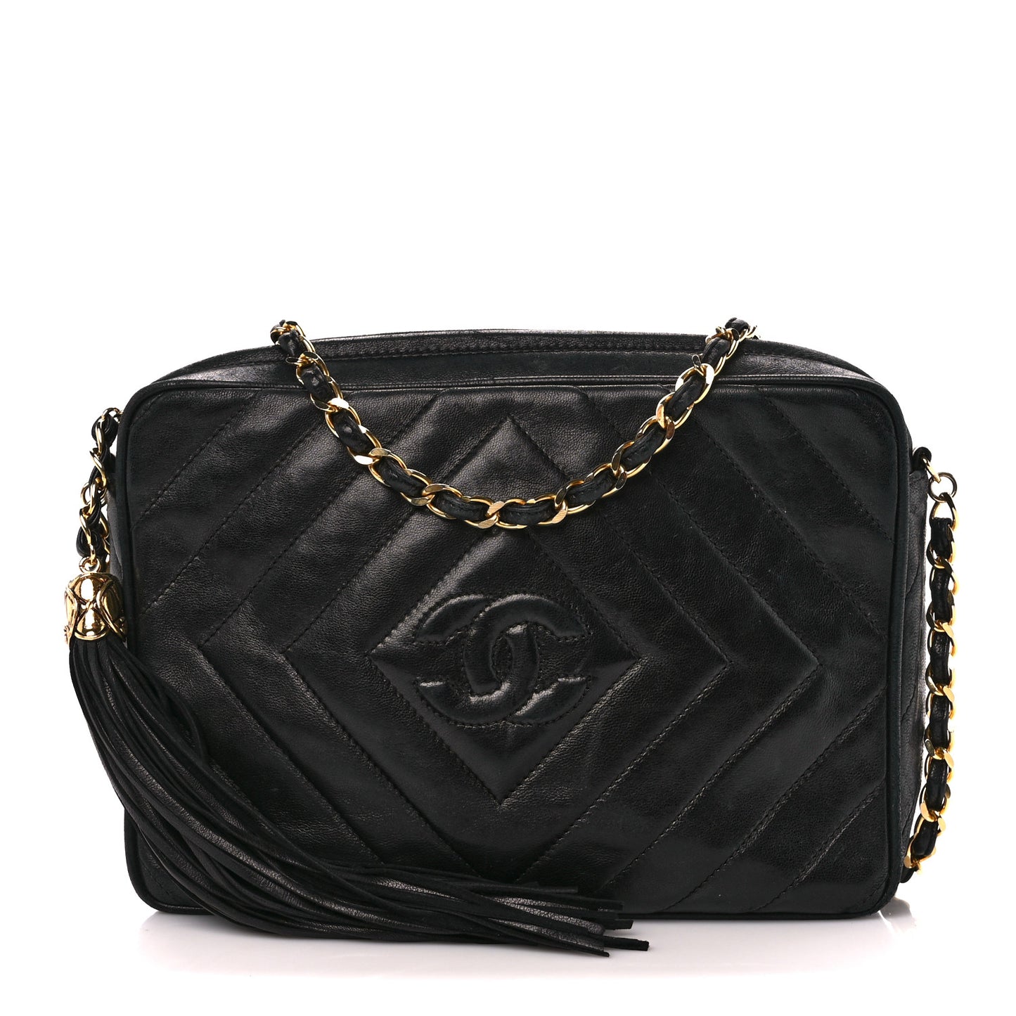 Lambskin Chevron Quilted Tassel Camera Case Black