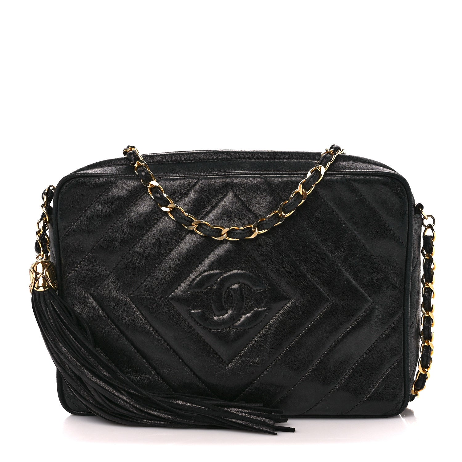 Chanel Lambskin Chevron Quilted Tassel Camera Case Black 1 of 11