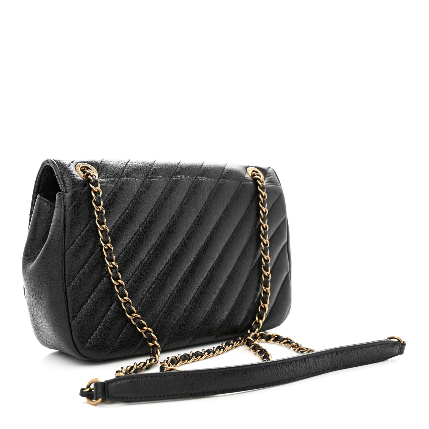 Shiny Goatskin Diagonal Quilted Small Flap Black