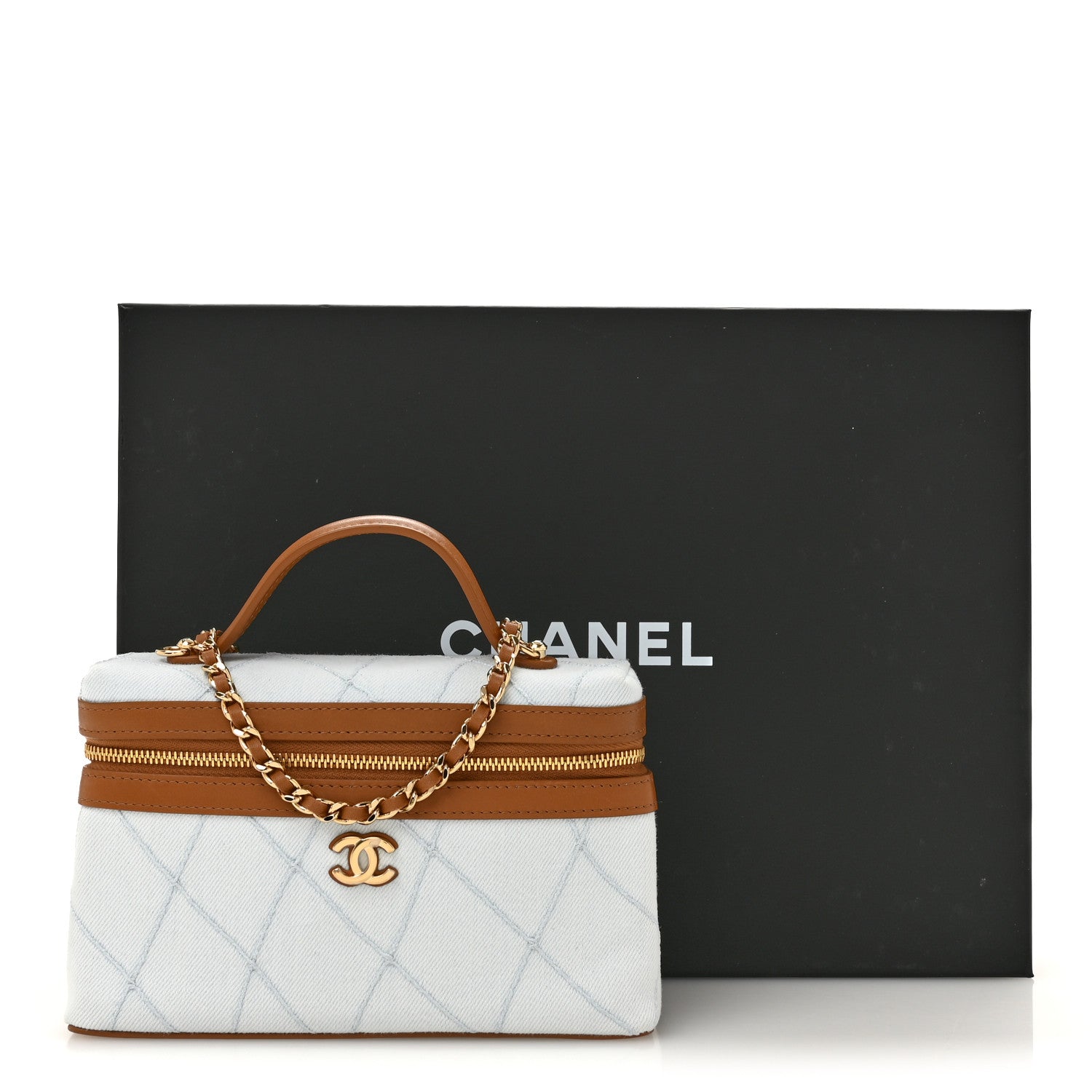 Chanel Washed Denim Calfskin Quilted Top Handle Slim Vanity Case With Chain Blue Brown Blue Brown 11 of 11