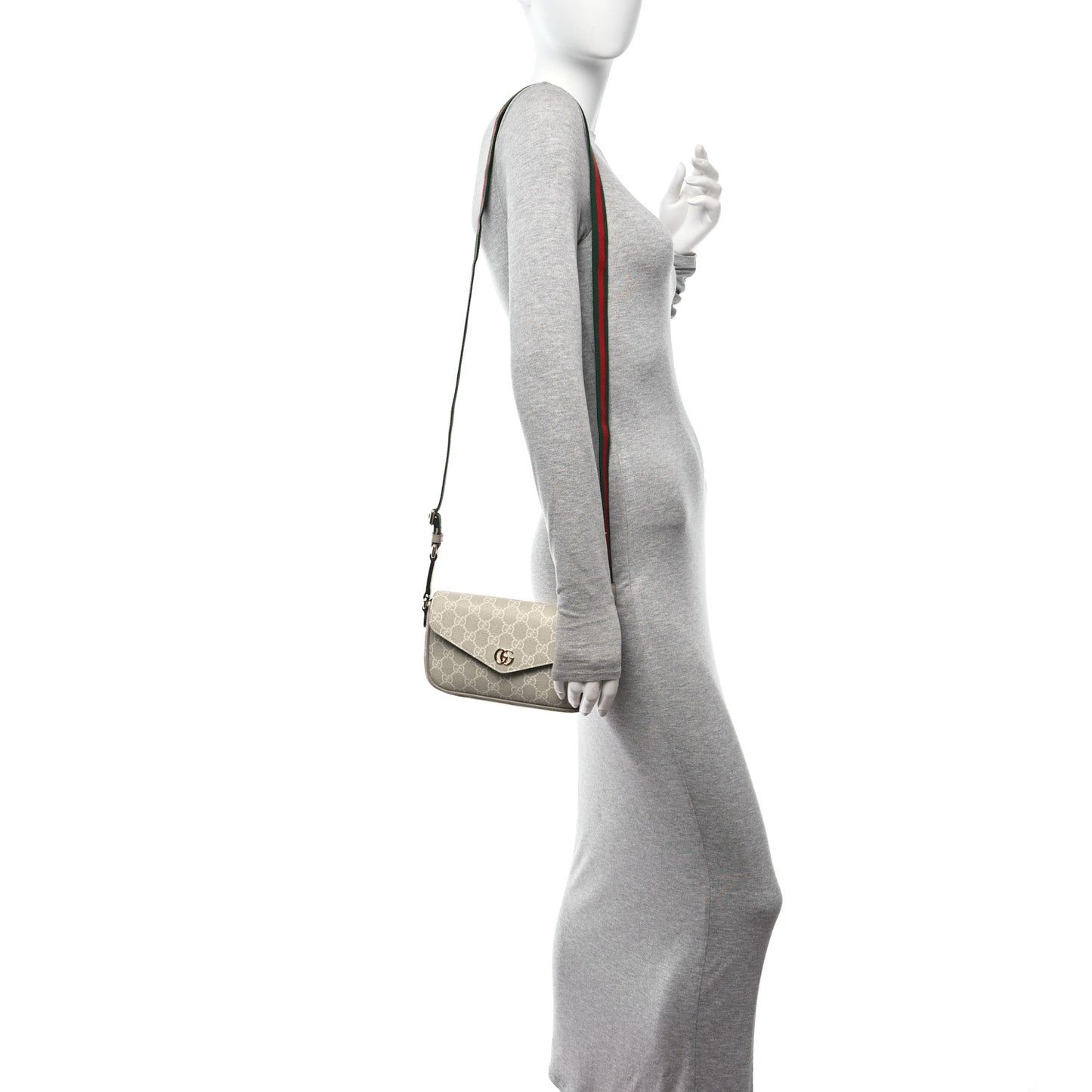 GG Supreme Monogram Textured Dollar Calfskin Web Mini Ophidia Envelope Shoulder Bag Beige Mystic White Oatmeal