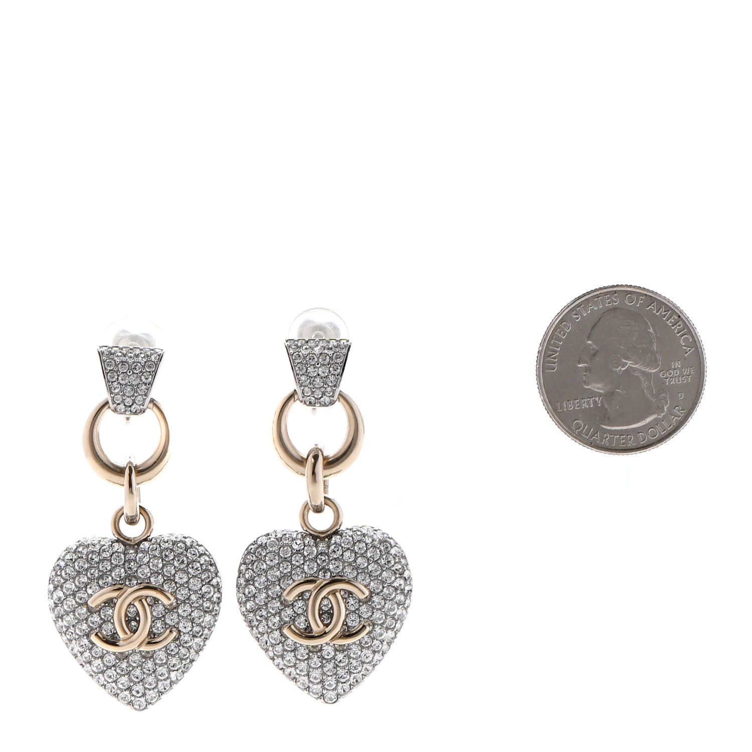 Chanel Crystal Heart CC Drop Clip On Earrings Silver Gold 2 of 4