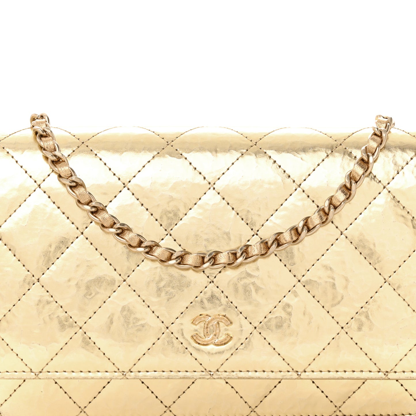 Hammered Metallic Calfskin Quilted Wallet On Chain WOC Gold