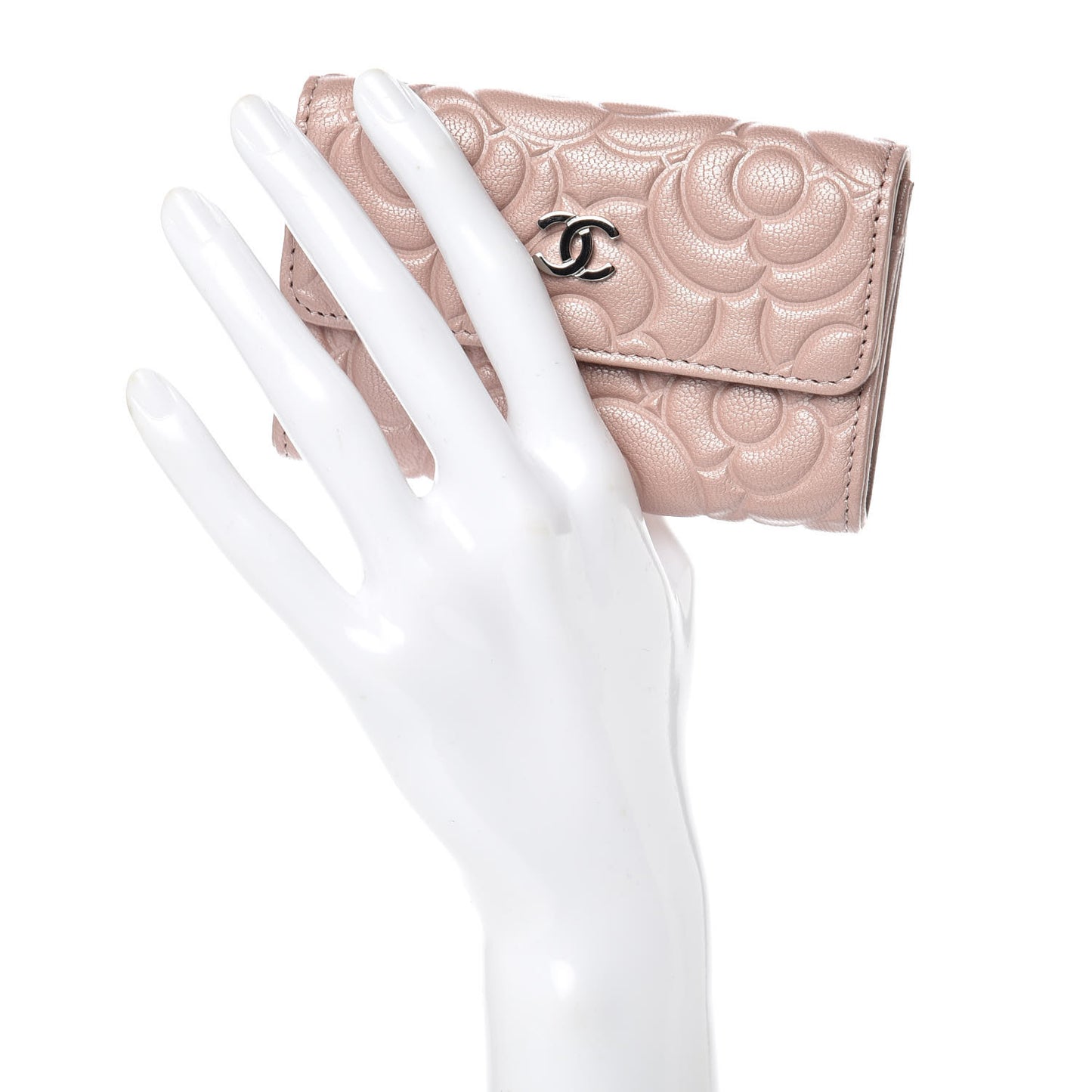 Goatskin Camellia Embossed Card Holder Wallet Light Pink