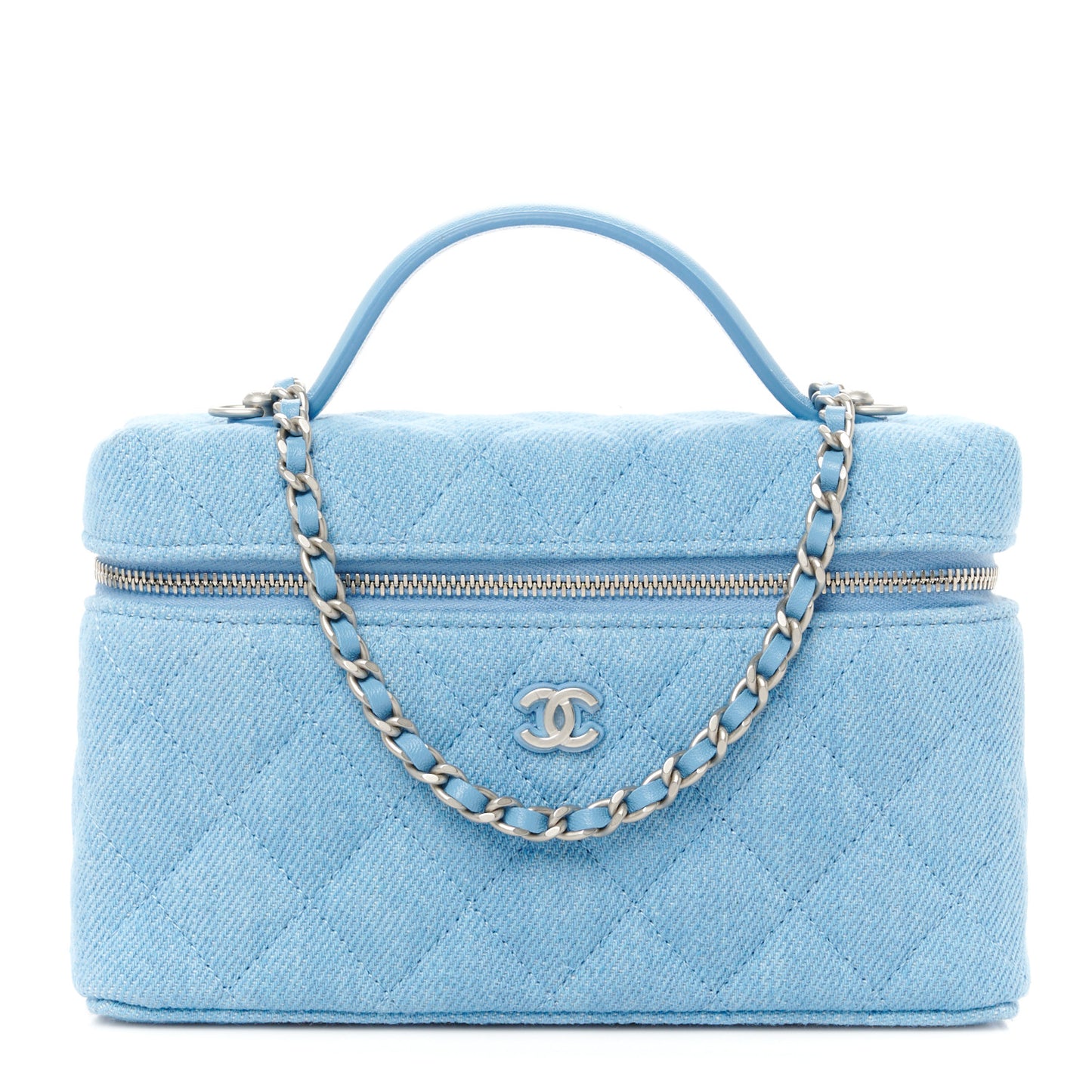 Denim Quilted Top Handle Slim Vanity Case With Chain Blue