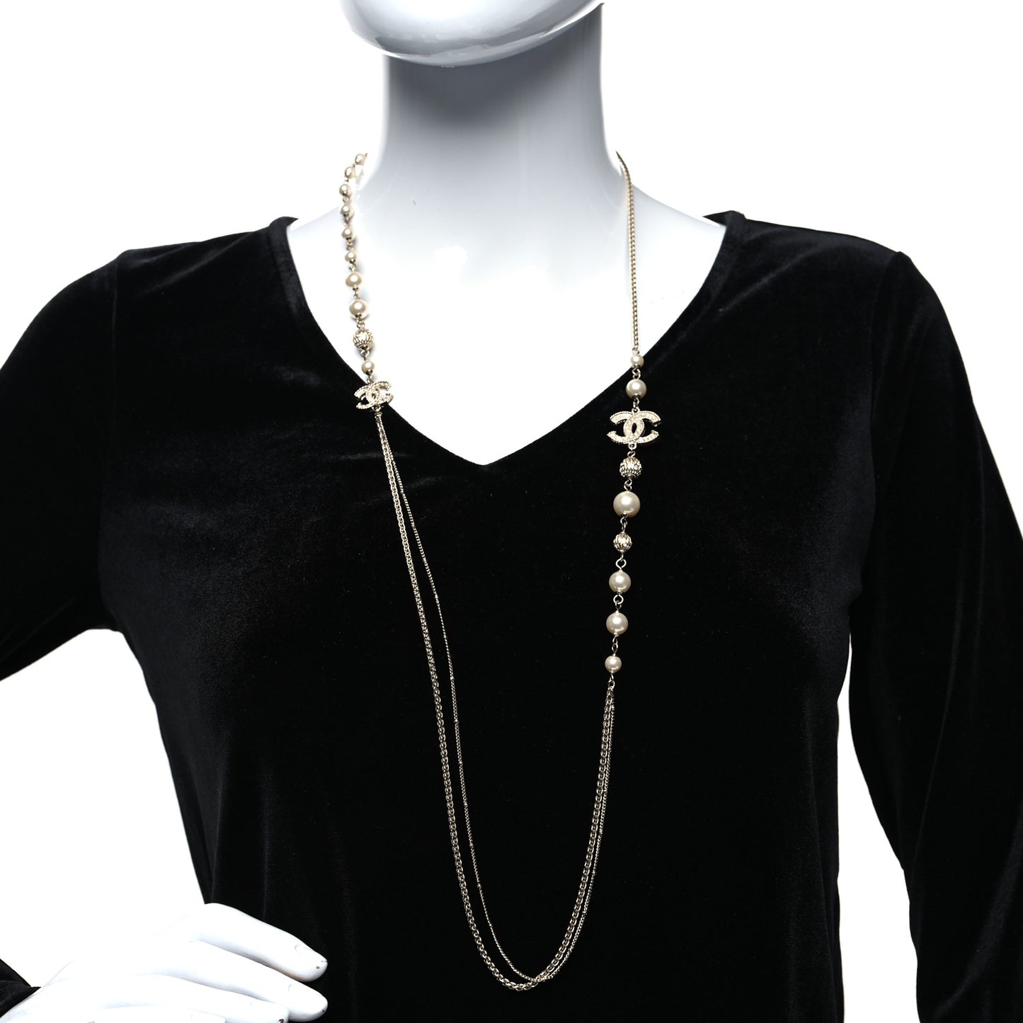 Pearl Crystal CC Long Necklace Gold