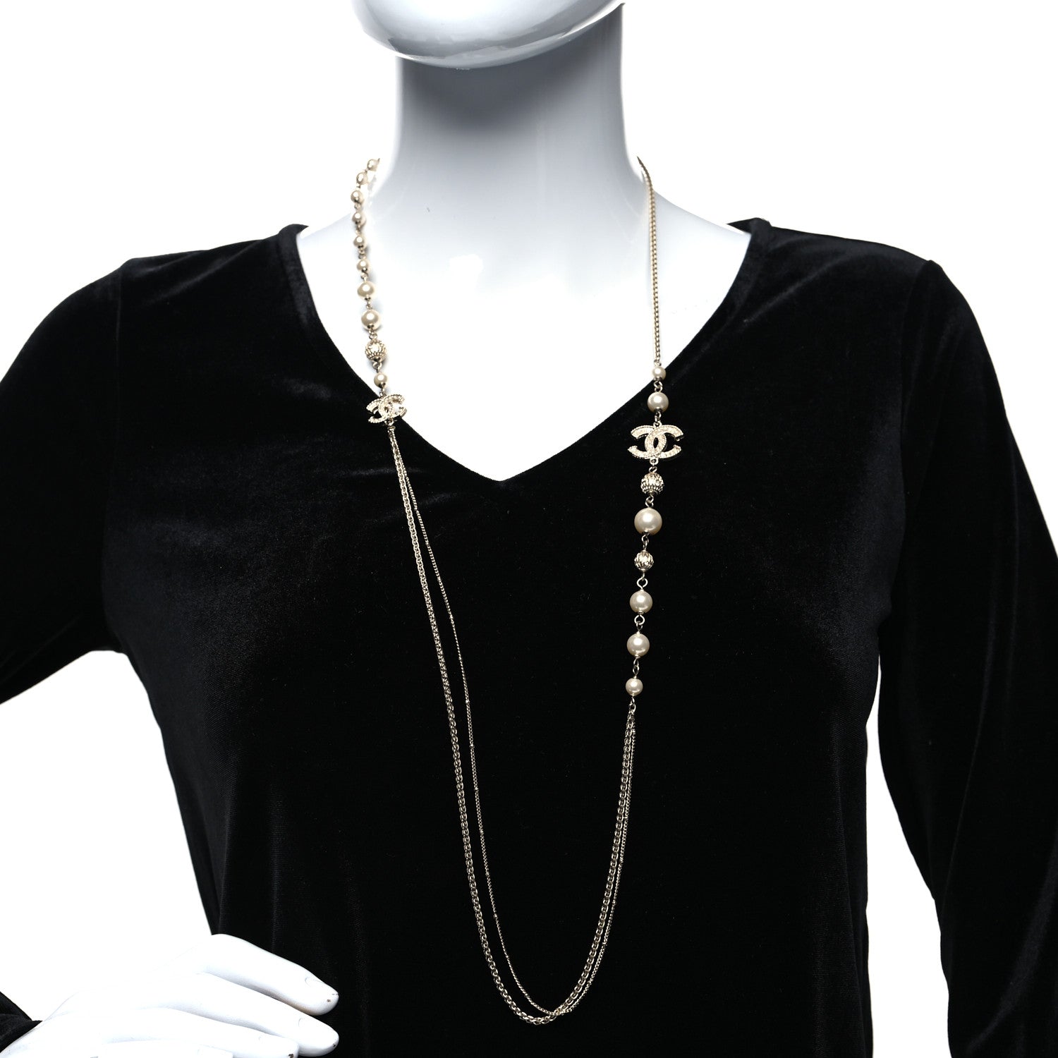 Chanel Pearl Crystal CC Long Necklace Gold 2 of 7