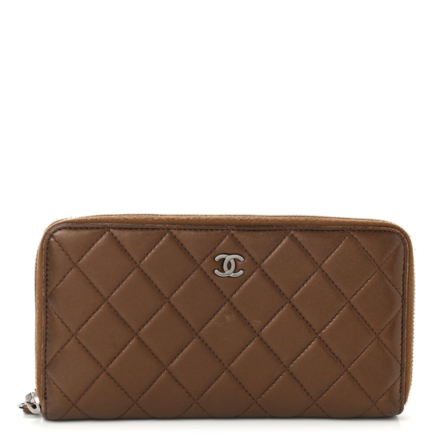 Metallic Lambskin Quilted Large Gusset Zip Around Wallet Bronze