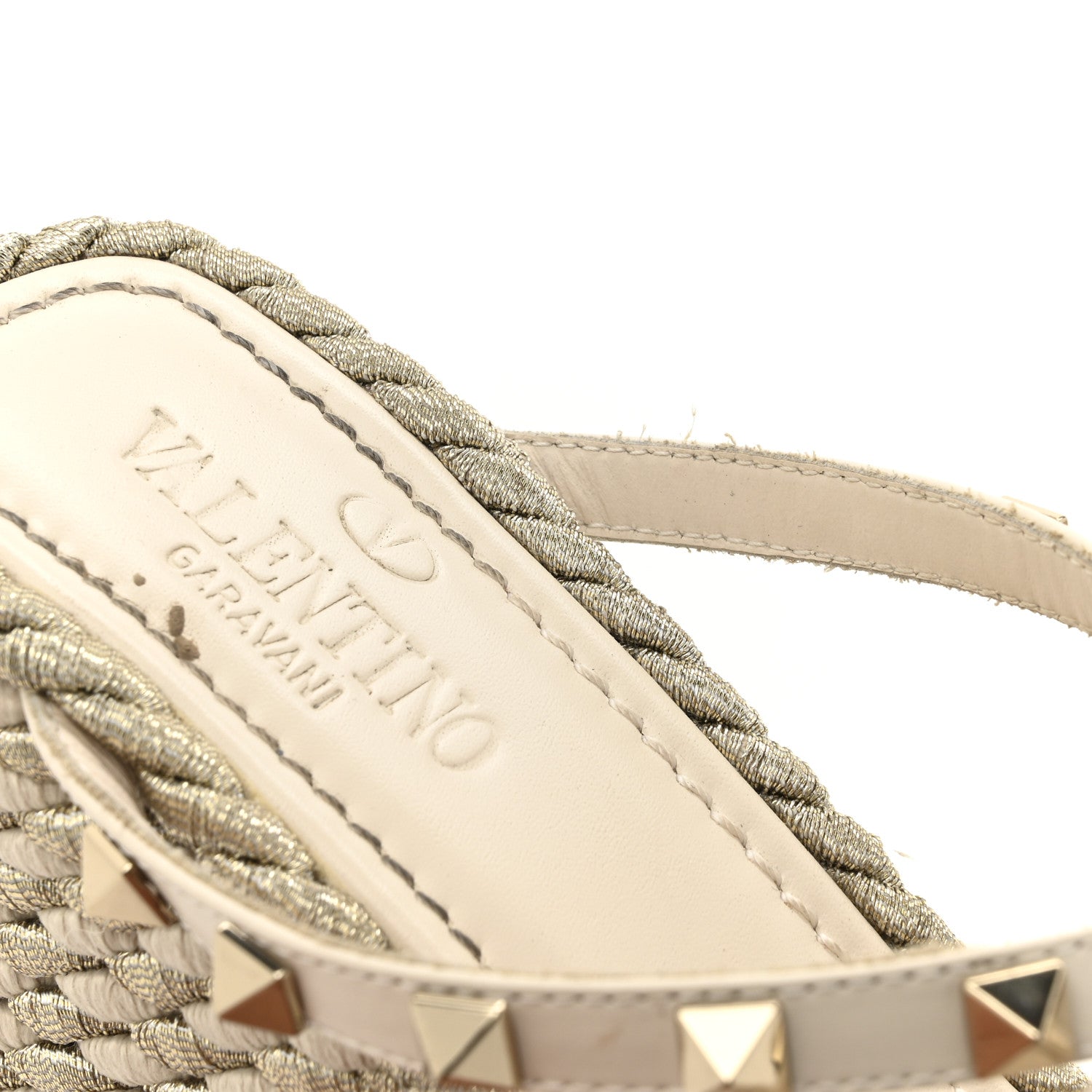 Valentino Garavani Calfskin Silk Rockstud Torchon Espadrille Wedge 25/95mm Slide Sandals 37 Light Ivory 12 of 12