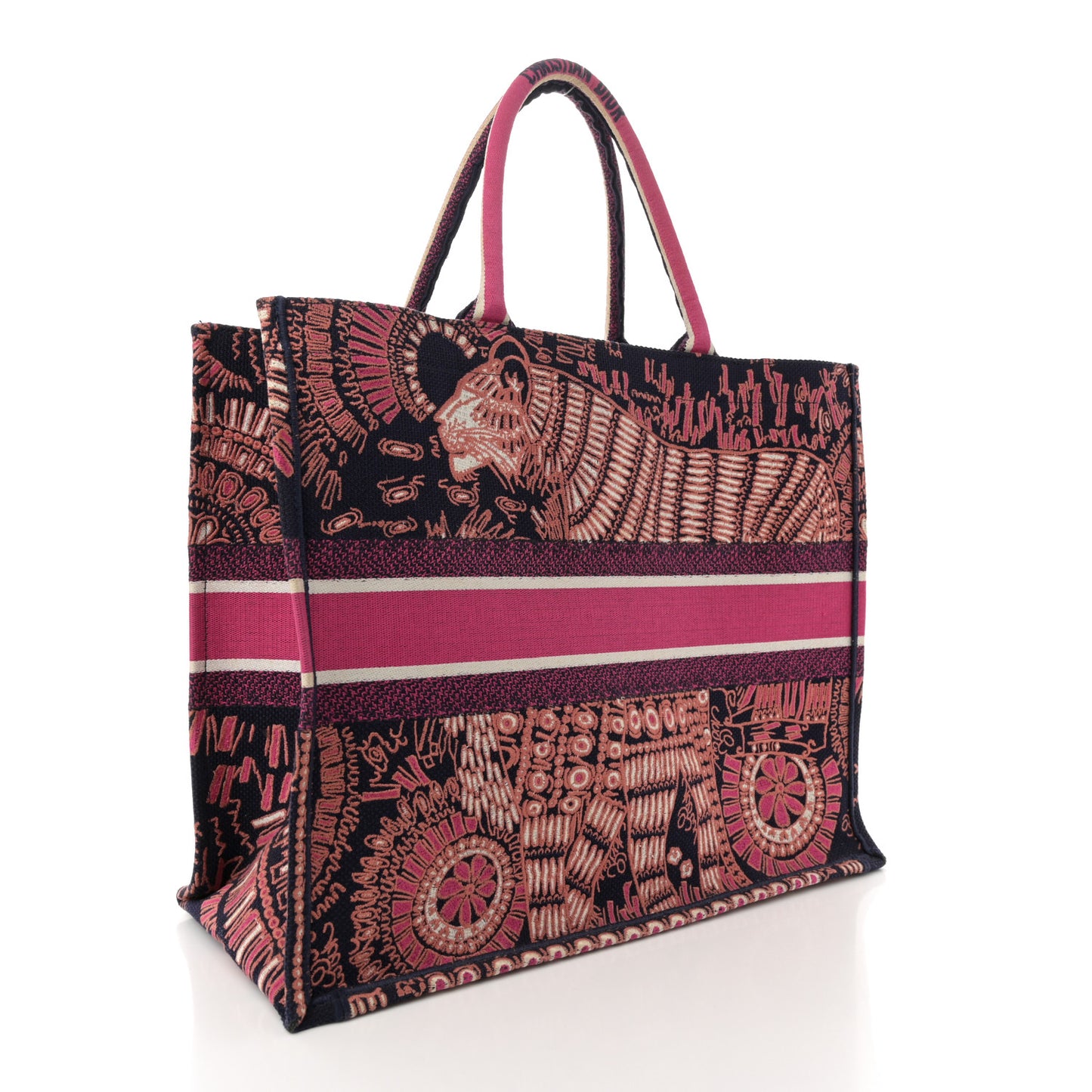 Canvas Embroidered Dior Animals Tiger Book Tote Deep Blue Fuchsia