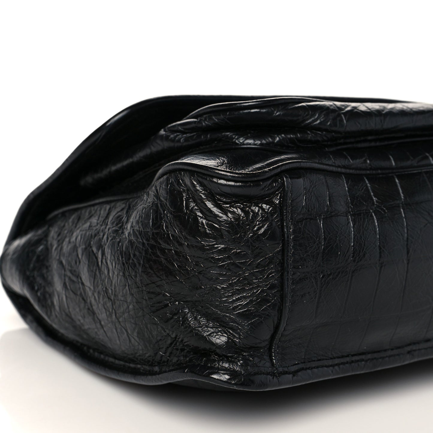 Crinkled Calfskin Crocodile Embossed Monogram Medium Niki Chain Satchel Black