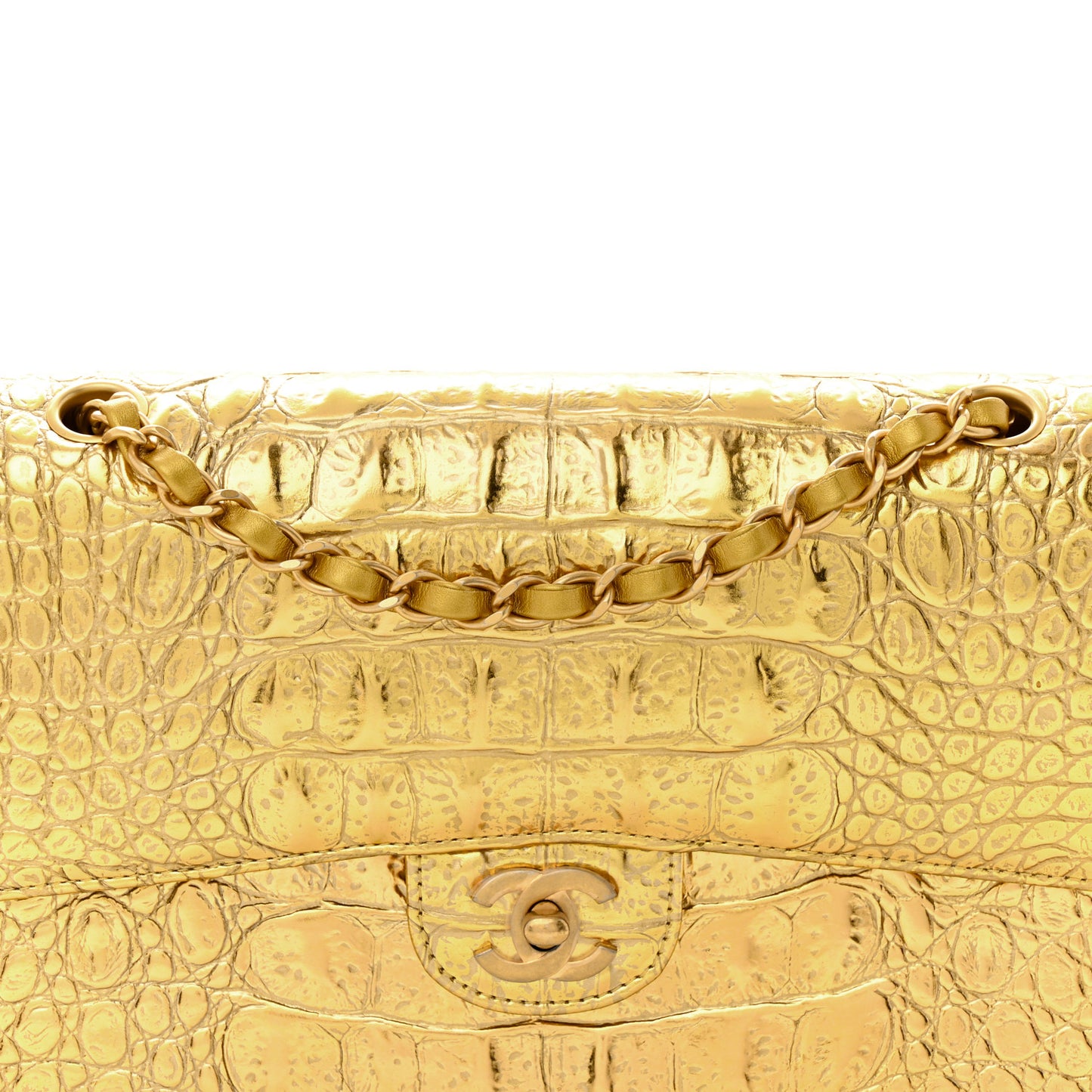 Metallic Calfskin Crocodile Embossed Cocodile Medium Double Flap Gold