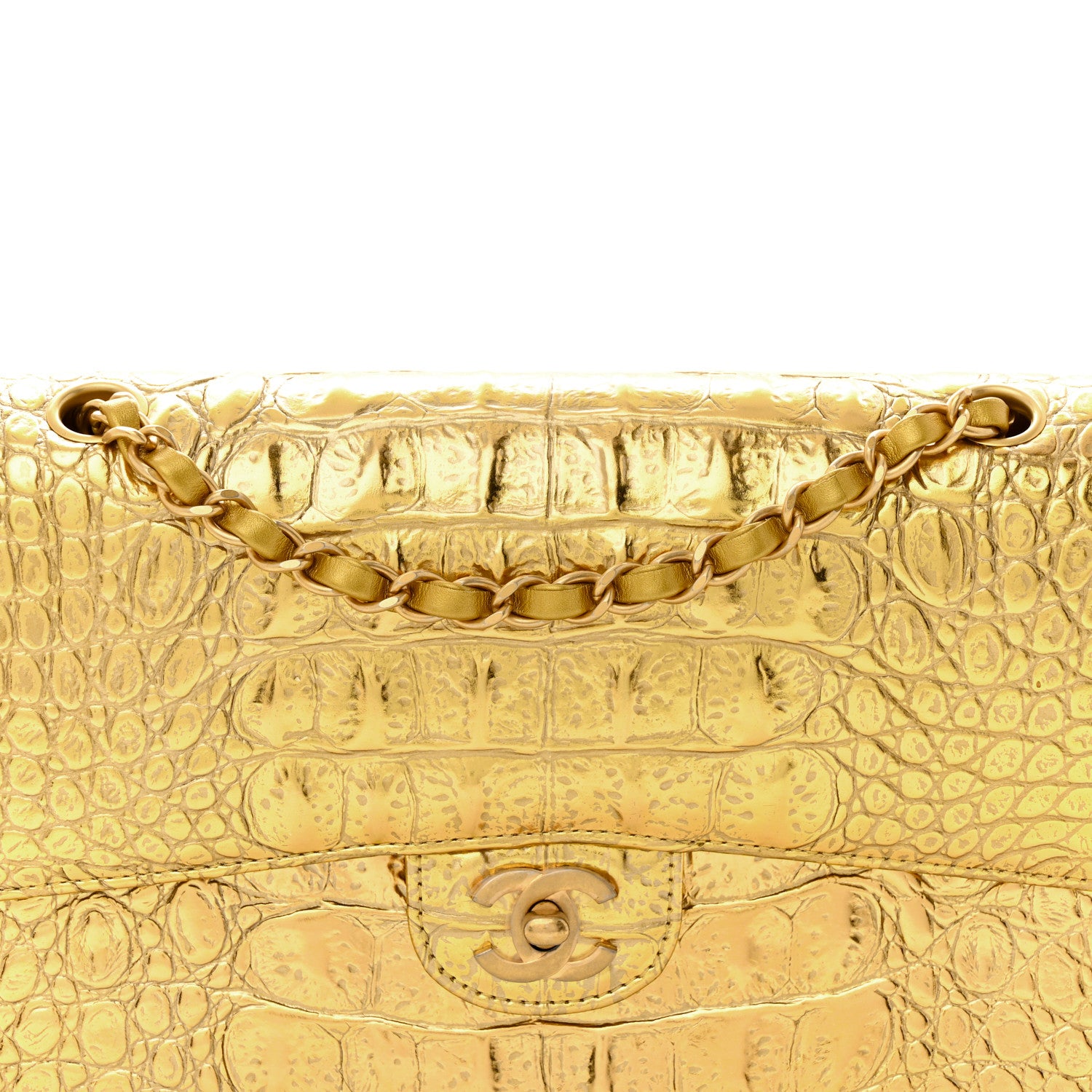 Chanel Metallic Calfskin Crocodile Embossed Cocodile Medium Double Flap Gold 8 of 12
