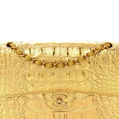 Chanel Metallic Calfskin Crocodile Embossed Cocodile Medium Double Flap Gold 8 of 12