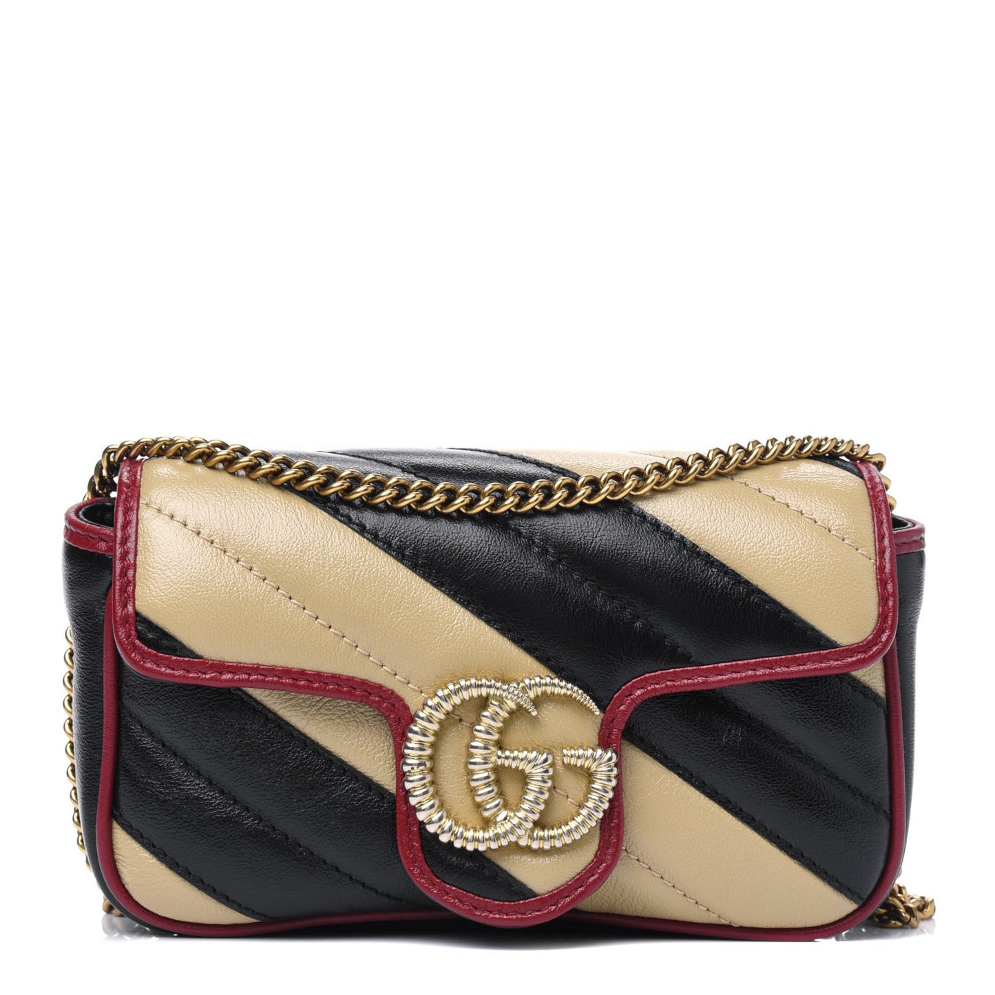 Vintage Effect Calfskin Matelasse Diagonal Striped Super Mini Torchon GG Marmont Shoulder Bag Black Beige