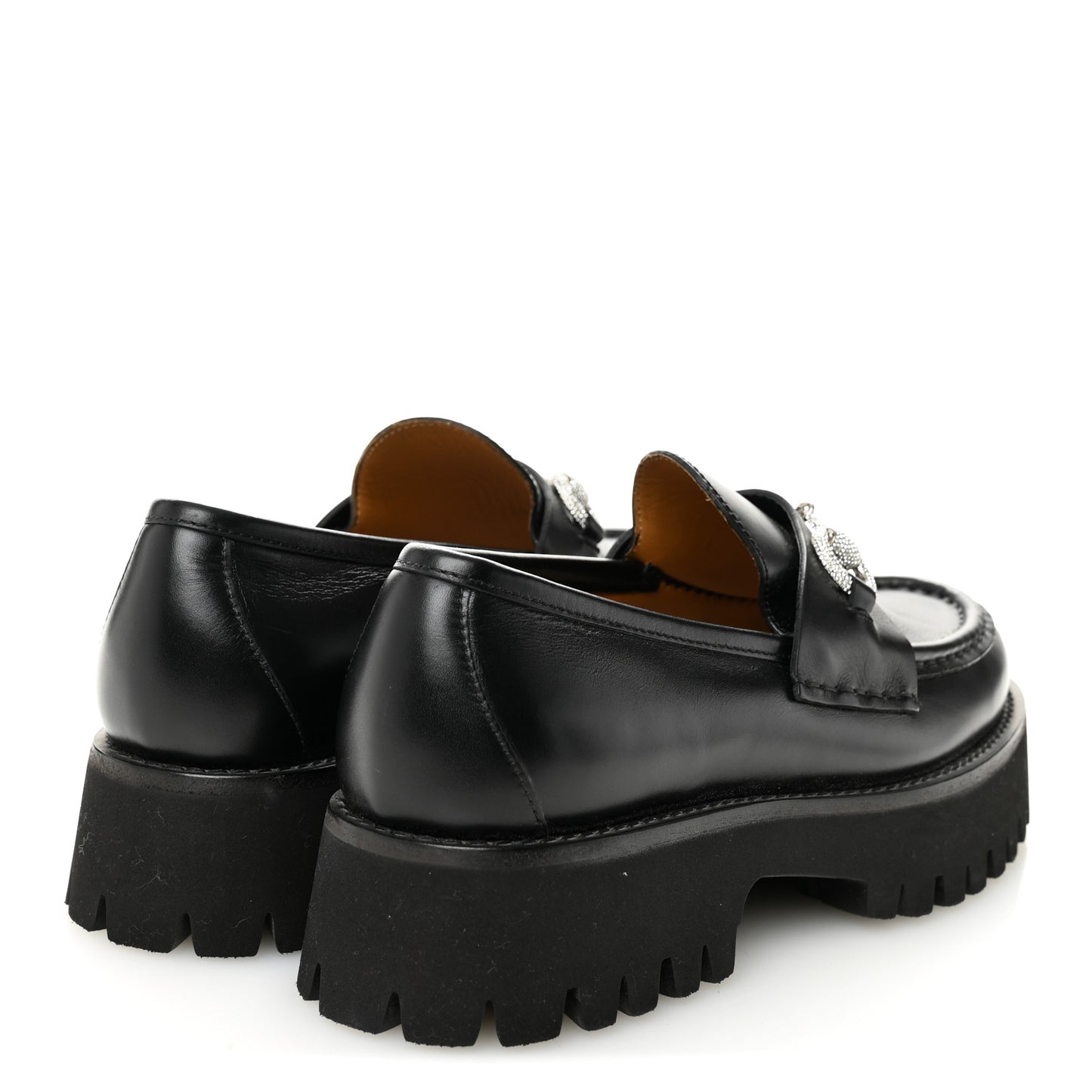 Calfskin Crystal Womens Horsebit Platform Lug Sole Loafers 37.5 Black