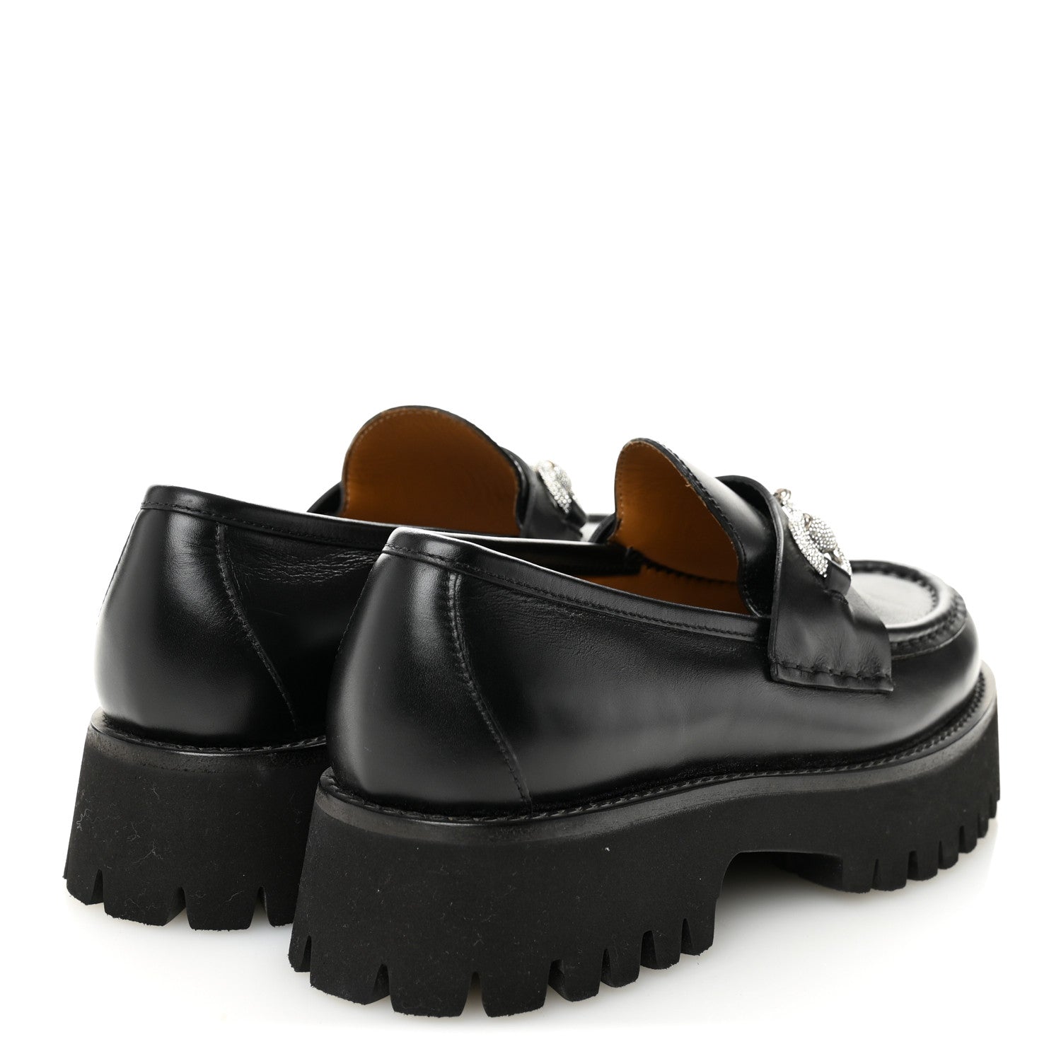 Gucci Calfskin Crystal Womens Horsebit Platform Lug Sole Loafers 37.5 Black 4 of 10