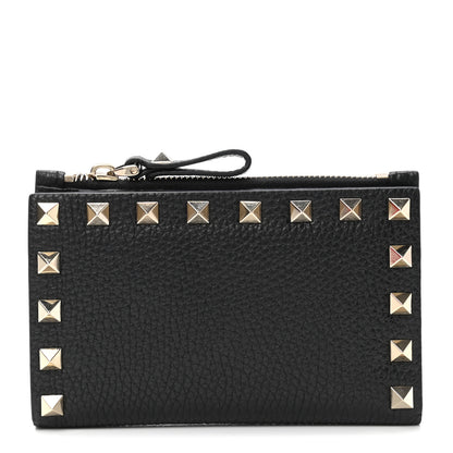 Valentino Garavani Pebbled Calfskin Rockstud Coin Case Card Holder Black 1 of 6