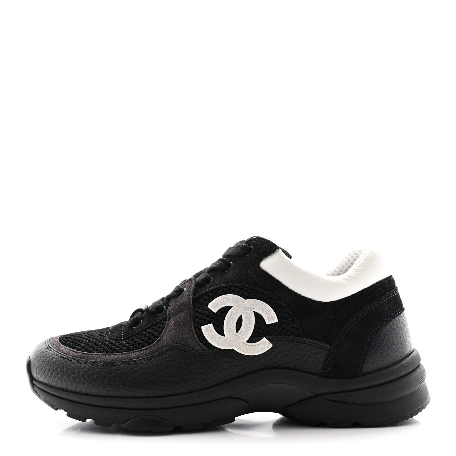 Chanel Mesh Suede Grained Calfskin Womens CC Sneakers 36.5 Black White 1 of 11