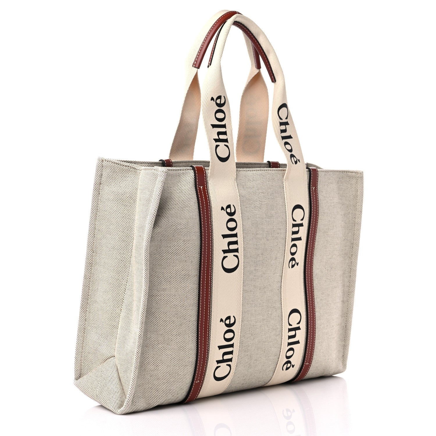 Chloe Cotton Calfskin Large Woody Ribbon Tote White Brown 3 of 10