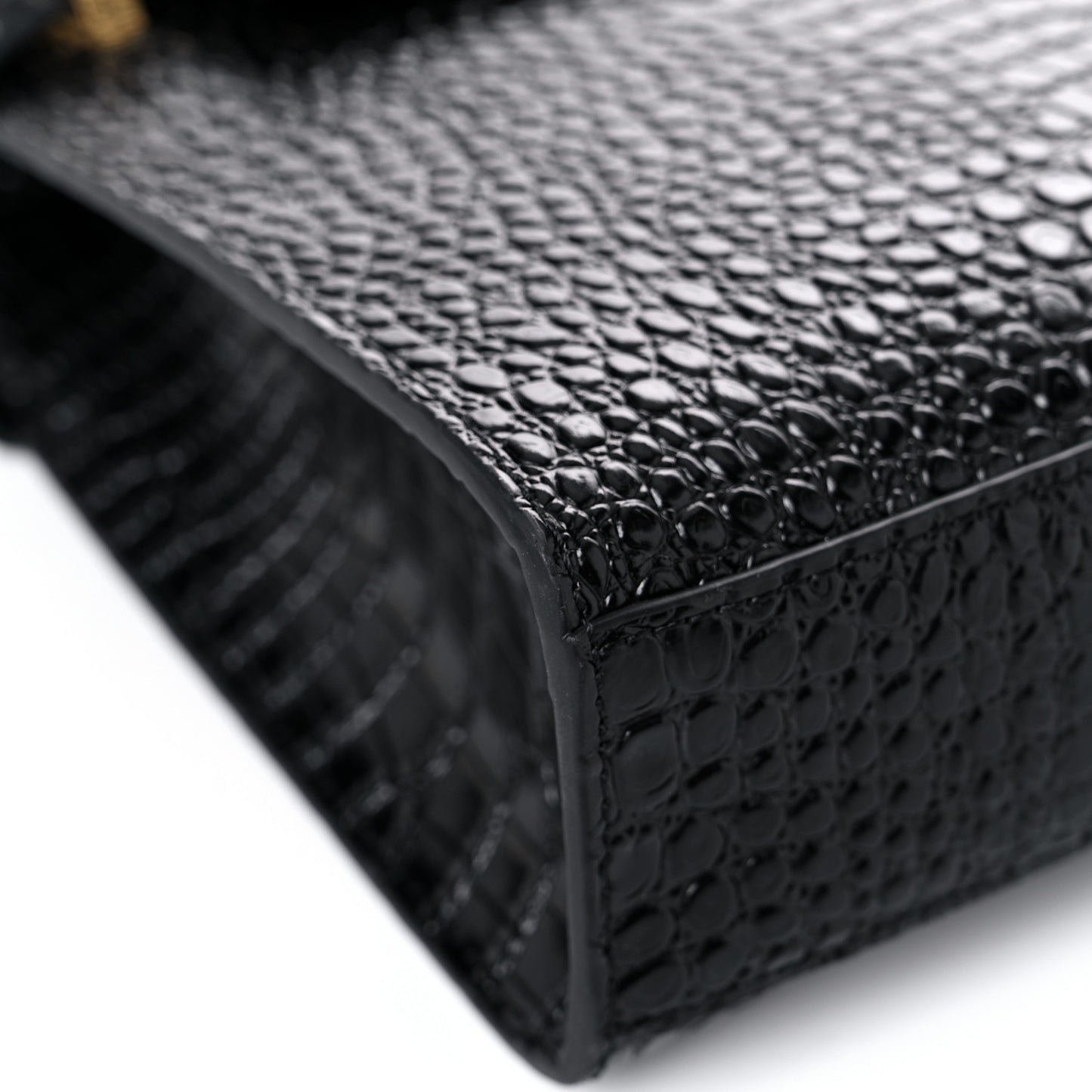 Shiny Calfskin Crocodile Embossed Manhattan Baguette Black