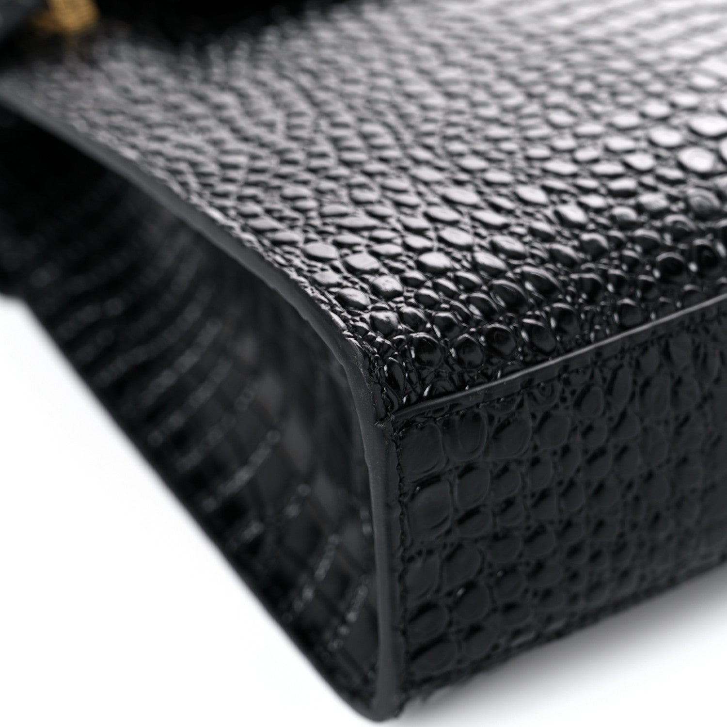 Saint Laurent Shiny Calfskin Crocodile Embossed Manhattan Baguette Black 7 of 11