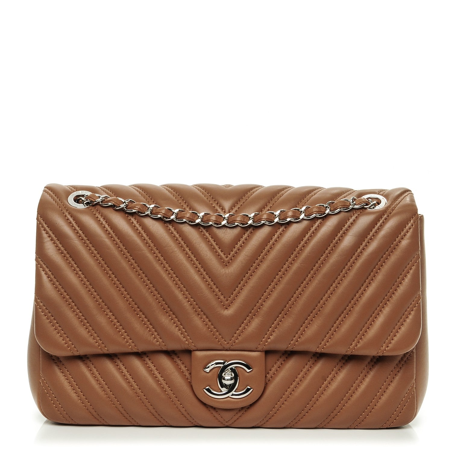 Chanel Lambskin Chevron Double Stitch Jumbo Single Flap Camel 1 of 8