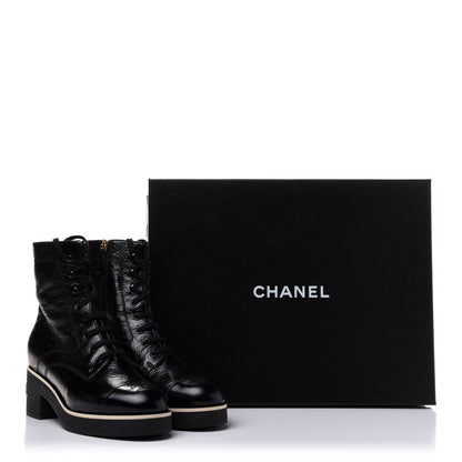 Chanel Shiny Crumpled Lambskin Lace Up Combat Boots 40 Black 11 of 11