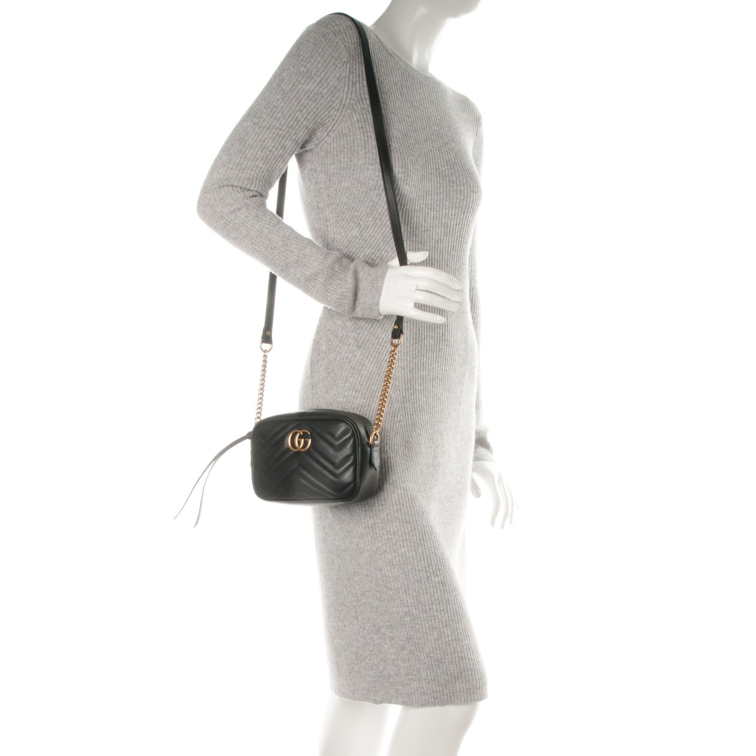 Gucci Calfskin Matelasse Mini GG Marmont Chain Shoulder Bag Black 2 of 7