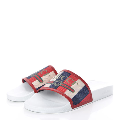 Gucci Canvas Sylvie Stripe Logo Mens Pursuit Slide Sandals 13 Mystic White Hibiscus Red Maritime 3 of 8