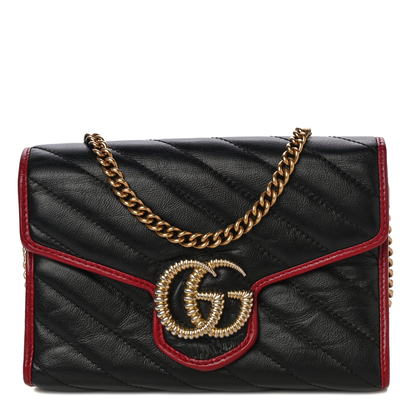 Vintage Effect Calfskin Matelasse Diagonal Torchon GG Marmont Chain Wallet Black Romantic Cherry