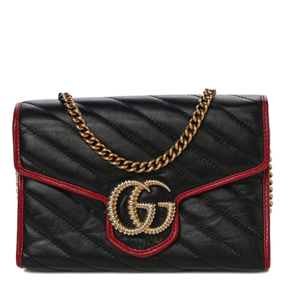 Gucci Vintage Effect Calfskin Matelasse Diagonal Torchon GG Marmont Chain Wallet Black Romantic Cherry 2 of 28