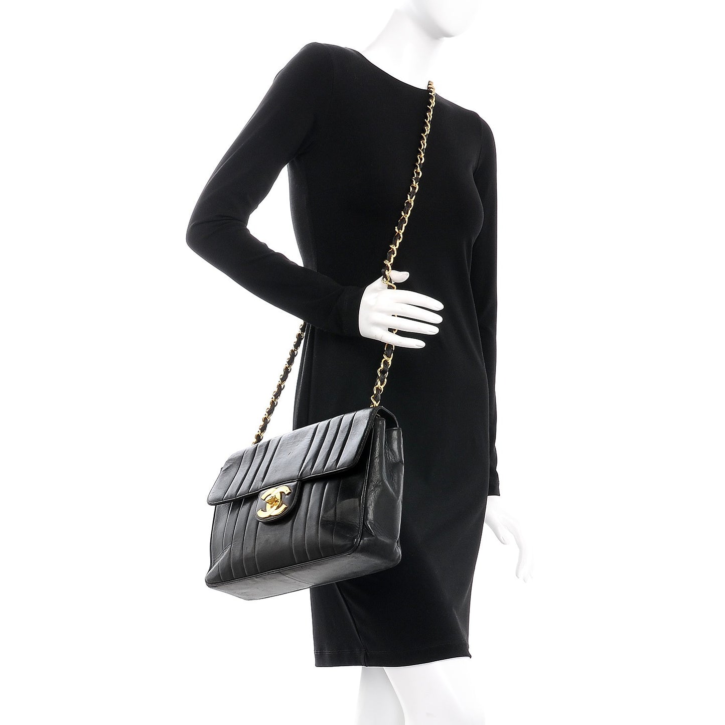 Lambskin Vertical Quilt Jumbo Flap Black