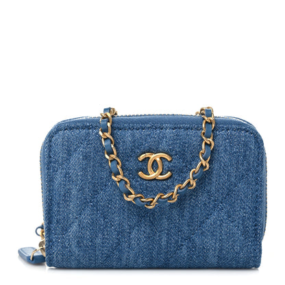 Chanel Denim Quilted CC Pearl Crush Zip Card Holder On Chain Blue 1 of 7