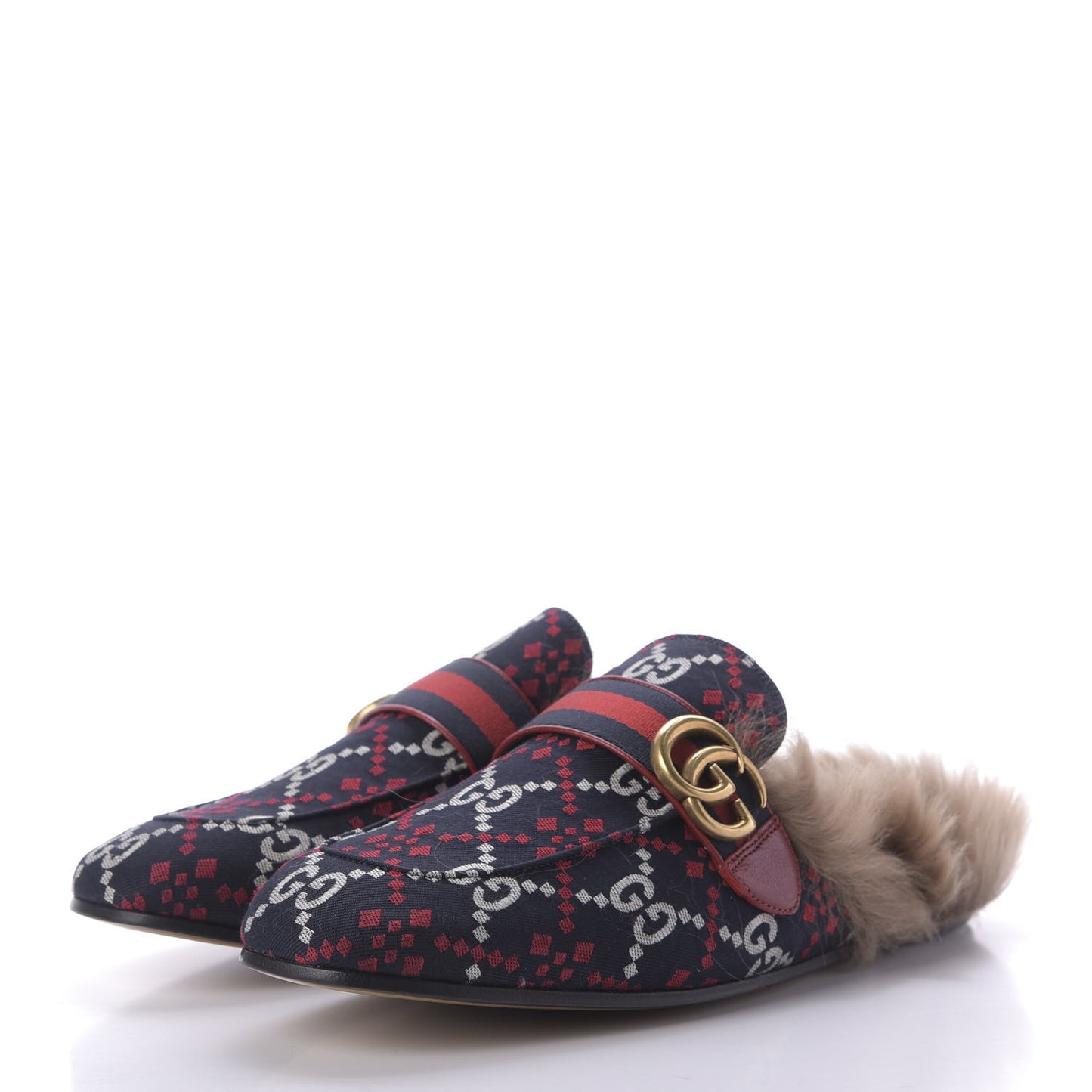 Canvas GG Monogram Diamond Fur Web GG Mens Princetown Slippers 8 Midnight Blue Hibiscus Red